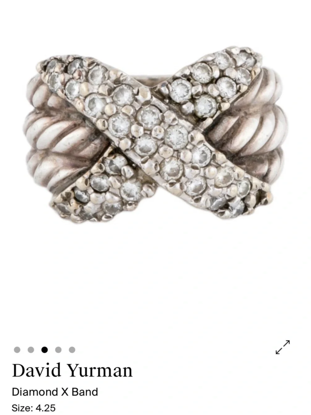 David Yurman Silver White gold Diamond X Crossover Ring 4.25 - Picture 1 of 7